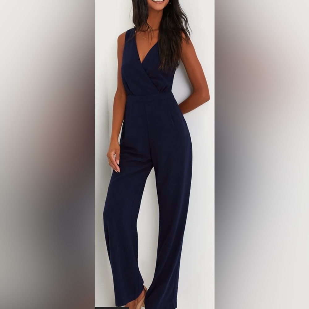 Lulus Lace-back Elegant Navy Wide-leg Jumpsuit-Small